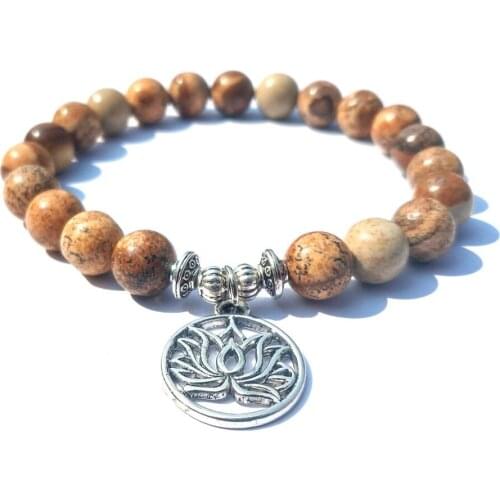 8mm Natural Stone with Lotus OM Tree Pendant Strand Bracelet Women Men Lucky Buddha Beads Charm Bracelet Dropshipping