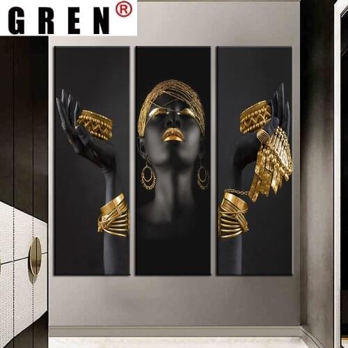 GREN Canvas Paintings African Woman Golden Jewelry on The Hands Wall Art Picture Posters Prints Modern Home Decor Living Room