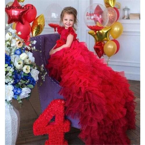 Red Puffy Girls Birthday Dresses with Long Train O Neck Backless Little Princess Party Gown for Special Occasion Photography
