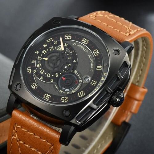 2021 New 47.5mm ParnisTop Mechanical Men Watch Miyota 8219 Automatic Black Case Sapphire Glass Leather Strap Luxury Wristwatch