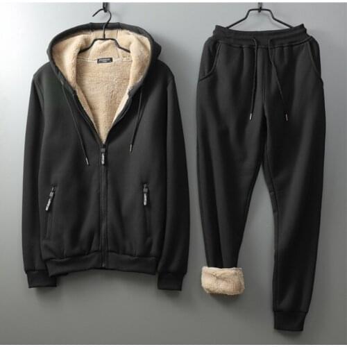 Mens Winter Hoody Sweatshirt Casual Two Piece Sets Fleece Lining Tracksuit Elastic Waist Outside Jogging Suits Thick Warm Sets