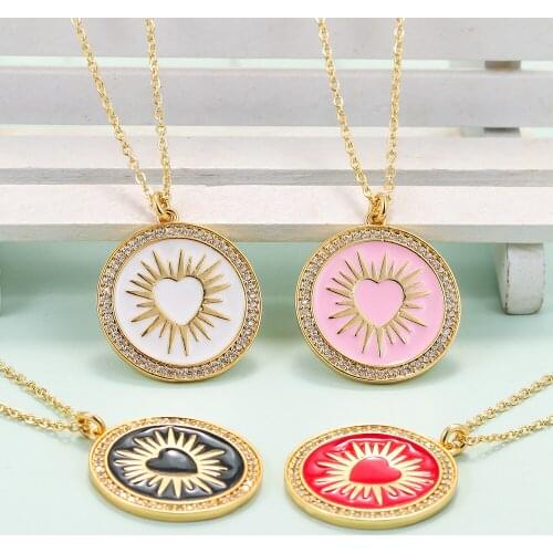 EYIKA Gorgeous Neon Pink Enamel Shining Heart Round Pendant Necklace Charm Women Gold Color CZ Choker Anniversary Gift Jewelry