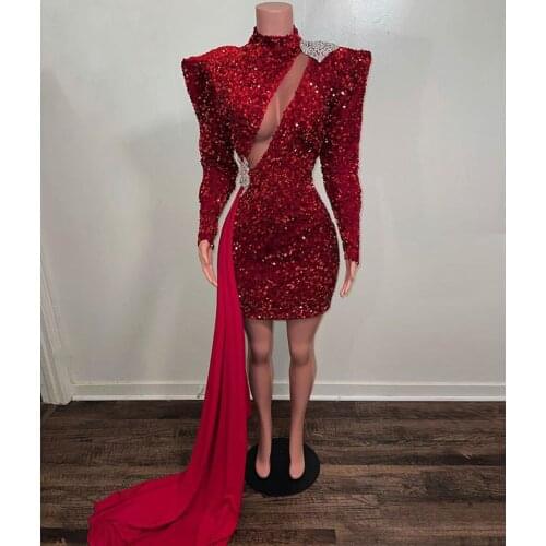 Burgundy Sequined Sexy Short Prom Dress Long Sleeve 2021 with Train African Black Girls Party Formal Gala Gowns Plus Size