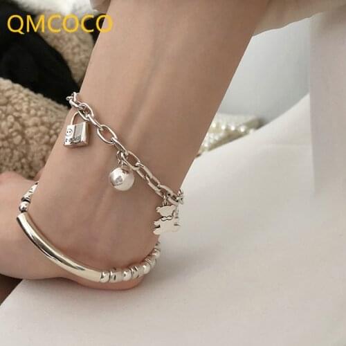 QMCOCO 925 Silver Thick Chain Bracelets New Trendy Hip-Hop Punk Vintage Couples Cute Bear Smiley Tassel Punk Party Jewelry