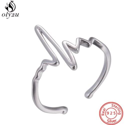 Real 925 Sterling Silver Wave Heartbeat Rings for Women Personality ECG Creative Adjustable Ring Lover Valentines Day Gifts