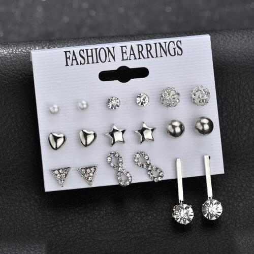 9 Pairs Metal Heart Pentagram Star Bead Pearl Triangle Number 8 Rhinestone Inlaid Stud Earrings Set for Women Girls Ear Jewelry
