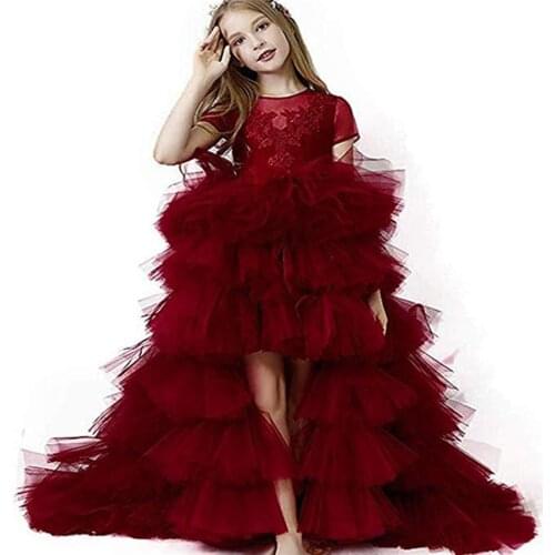 Wine Red Flower Girl Dresses Little Kids Cascading Tulle Ball Gown First Holy Communion Pageant for Weddings Banquet Dresses