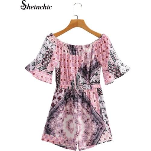 Runway designers Women short sleeve off shoulder Floral print Beach Bohemian Rompers Jumpsuit Ladies Sashes Boho playsuit