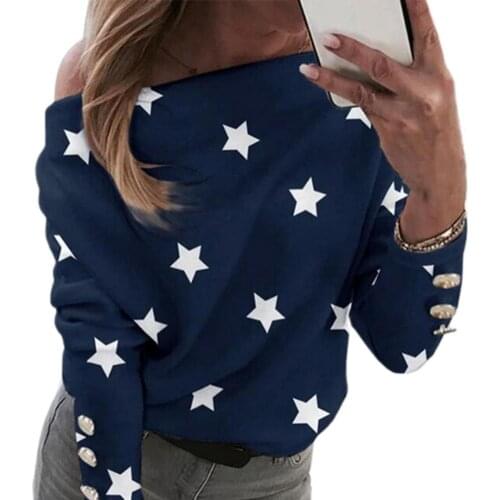 Women Blouse Off Shoulder Gold Stamping Star/Heart Print Cotton Blend Long Sleeve T-shirt Pullover for Work