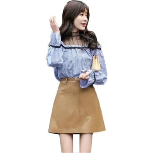 Office Lady Genuine Slim Skirt With Belt Women Sheepskin Real Leather A-Line High Waist Sexy Mini Skirts Female Spring