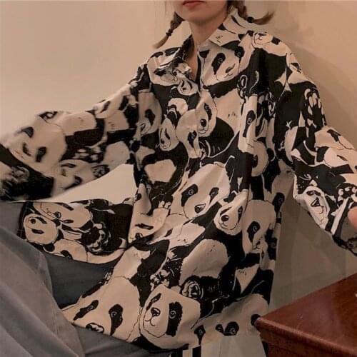 2021 Spring Autumn Panda Print Vintage Long Sleeve Blouses Korean Hong Kong Style Retro Women Button Up Shirt Harajuku Fashion