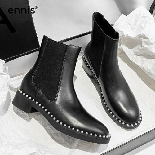 ENNIS Fashion Chelsea Womens Shoes Ankle Boots Low-Heeled Genuine Leather Pearl Boots Black Booties Autumn Winter Shoes A46A