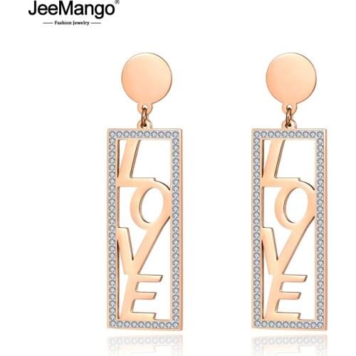 JeeMango Classic Stainless Steel Love Forever Clear CZ Crystal Stud Earrings For Women Girl Rose Gold Engagement Jewelry JE19082