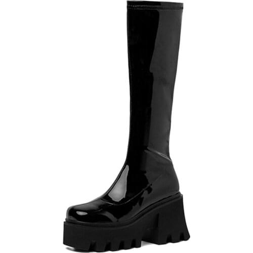Women Sexy Boots PU Patent Leather Ladies Knee High Boots with Side Zipper High Heeled Thick Platform Female Black Casual Shoes