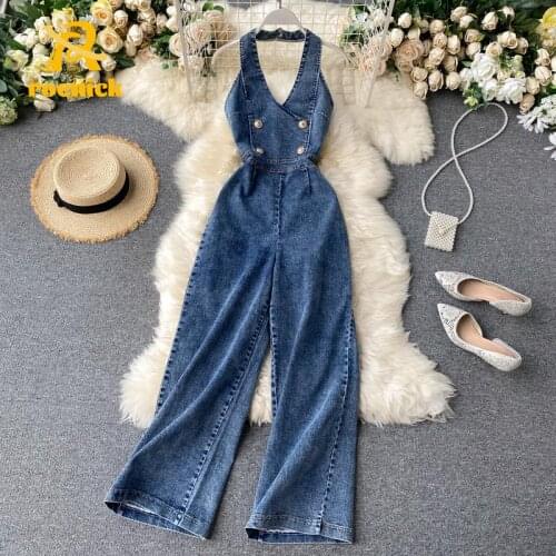 ROENICK Women Summer European American Halter Jumpsuits Chic Sleeveless Backless Denim Wide-Leg Pants High Waist Slim Overalls