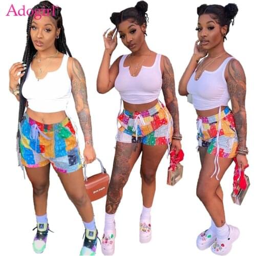 Adogirl Women Casual Two Piece Set Solid White Drastring Sleeveless Crop Top Vest Paisley Bandana Print Shorts Fashion Tracksuit