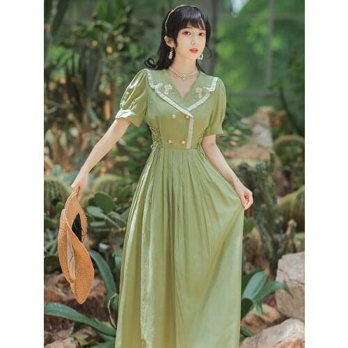 Women Summer Mori Girl Summer Sweet Retro Embroidered Dress Ruffled Lapel Bowknot Tie Slim Robe Femme Dresses