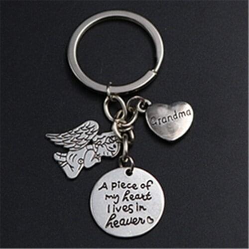 1pc Silver Color A piece of my heart I Lives in heaven charm Angel of prayer & grandma keychain DIY creative handmade keychain