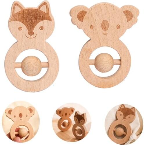 1PC Baby Wooden Rattle Beech Cartoon Animal Hand Teething Wooden Makes A Sound Montessori Educational Toy Attract Attention
