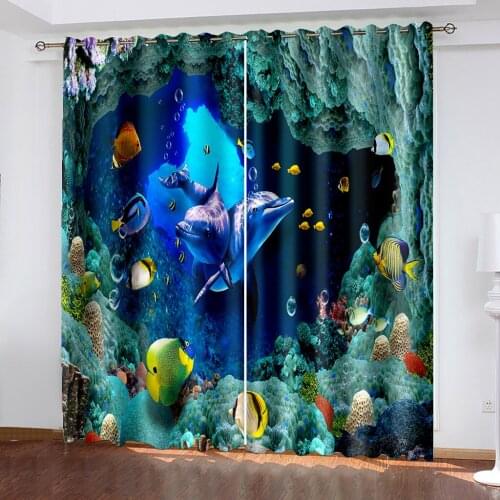 3D Window Curtain Underwater world dolphin fish coral print Luxury Blackout For Living Room