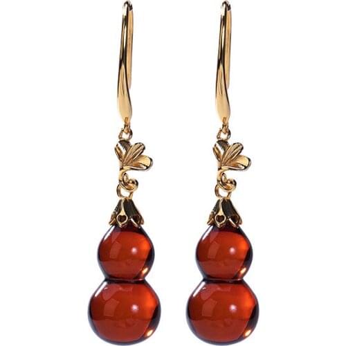 Baifuming s925 sterling silver gold-plated natural blood amber earrings retro long elegant gourd womens earrings
