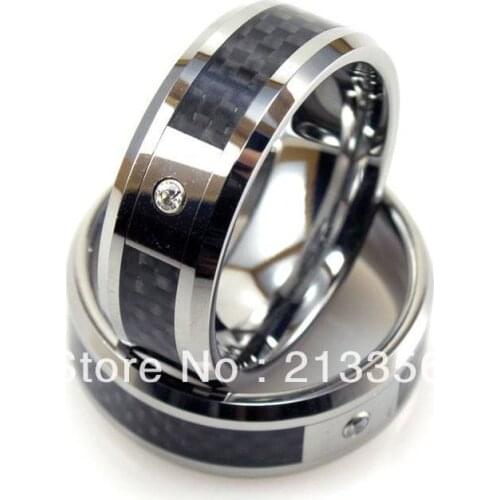 Free Shipping!Wholesales Cheap Price Promotion Sales! USA Hot Selling Mens Tungsten Ring With Carbon Fiber Inlay and CZ Stud