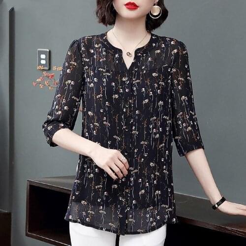 Womens Spring Summer Style Chiffon Blouses Shirts Womens Elegant V-neck Printed Half Sleeve Korean Loose Tops SP709