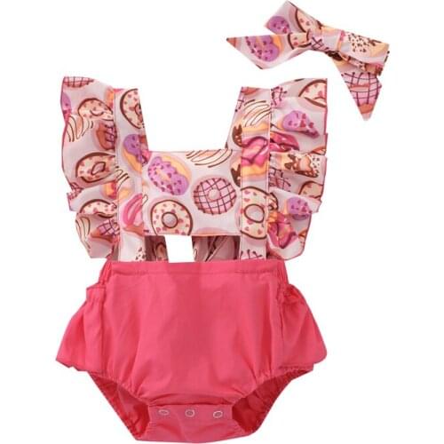 2Pcs Baby Girls Summer Outfit Ruffle Sleeve Doughnut Print Backless Bodysuit with Headband Set Newborn Girls Bodysuits