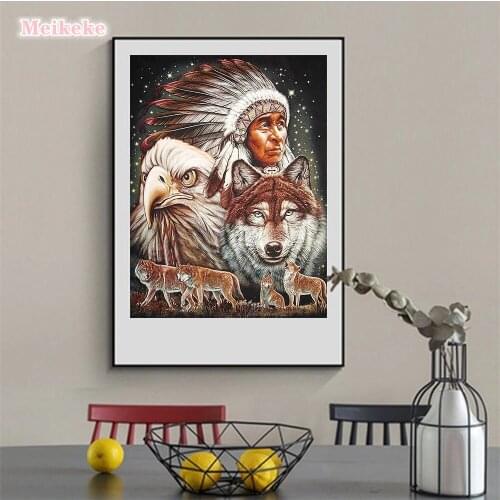 Indian Chief Portrait Diamond Painting Animal Wolf Hawk Round Full Drill Nouveaute DIY Mosaic Embroidery 5D Cross Stitch Gifts