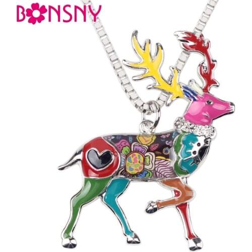 Bonsny Statement Alloy Animal Deer Stag Elk Choker Necklace Chain Collar Pendant Christmas Fashion New Enamel Jewelry Women