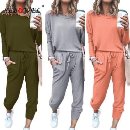 SEBOWEL Womens Loose Solid Color Long Sleeve Casual Two Pieces Sets Autumn Spring New Female T-shirt Trousers Clothes Suit