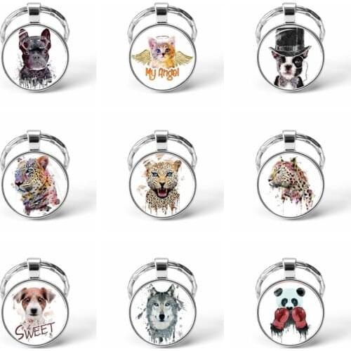 Creative Cartoon Animal Keychain Creative Dog Leopard Bear Eagle Deer Glass Cabochon Silver Plated Pendant Key Rings Key Holder