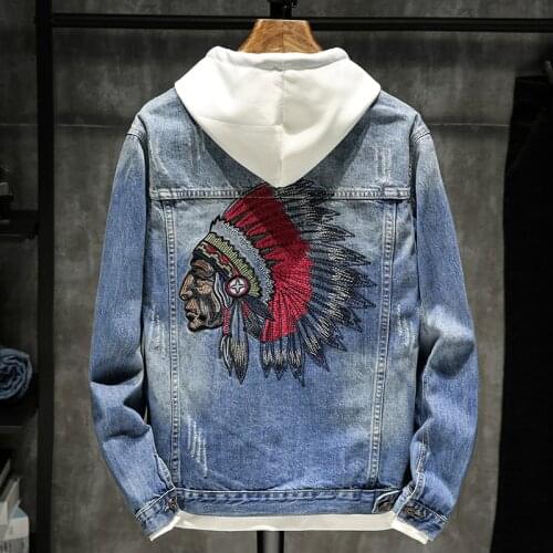 Mens Denim Jacket Hip Hop Retro Jeans Coat Street Vintage Embroidered Indian Denim Jacket Fashion Slim Long Sleeve Size M-XXXL