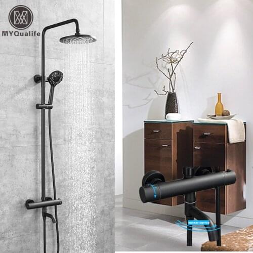 Thermostatic Shower Faucet Set Dual Handle 8" Ultrathin Rainfall Shower Mixers Hand Shower Dual Handle Thermostatic Mixer Valve