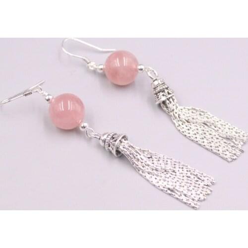 Genuine Real 925 Sterling Silver with Rose Quartz Fringe Dangle Earrings 2.87inch Length