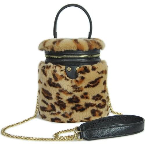 2020 New Rex Rabbit Fur Bucket Bag Leopard Print Fashion Soft Luxury Fur Single-shoulder Handbag with Zipper Wrist Bags