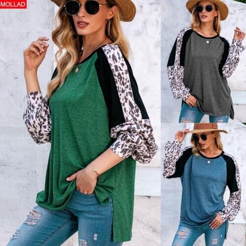 2021 European and American Foreign Trade New Leopard Print Printed Patchwork Long Sleeves T-shirt round Neck Top