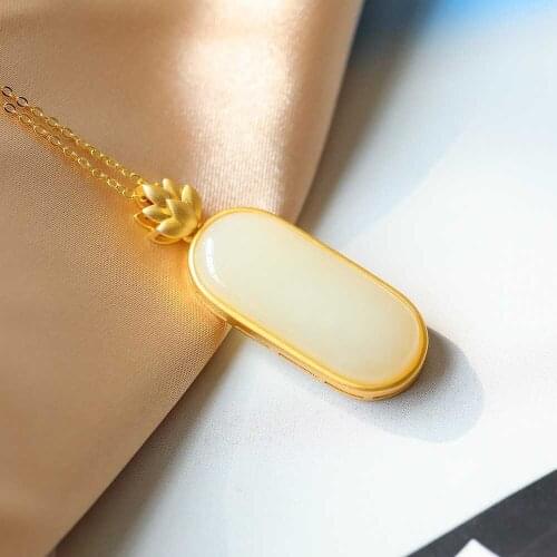 Natural Hetian Jade White Jade Egg Noodles Lotus Pendant S925 Sterling Silver Ancient Silver Frosted Gold Inlaid Craft Necklace