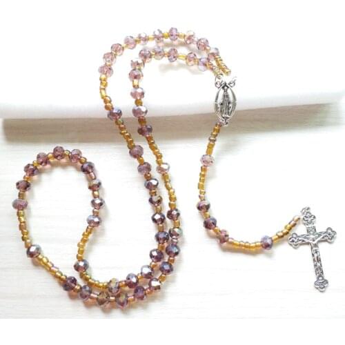 QIGOThe Strand Rosaries Purple Crystal Beads Cross Necklace Long Catholic Jewelry For Women
