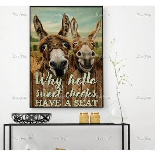 Donkey Couple Retro Poster Why Hello Sweet Cheeks Have A Seat Toilet Restroom Wall Art Prints Home Decor Canvas Floating Frame