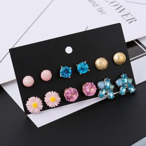 6 Pcs/Set Cute Resin Pink Flower Earrings For Women Girl Fashion Blue Crystal Rhinestone Stud Earrings Set Mixed Jewelry Gifts