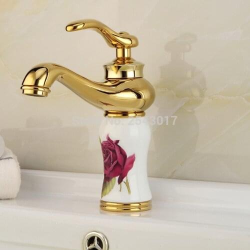Golden Flower Painted Basin Faucet Ceramic Body Bathroom Single Hole Hot and Cold White Faucet Deck Mounted ZR481