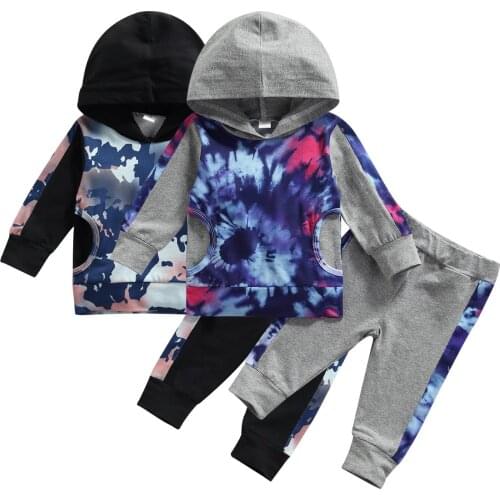 2021 Infant Baby Girls Boys Hooded Sweater + Pants, Tie-dye Pattern Pocket Decoration Elastic Waist Spring and Autumn Clothing