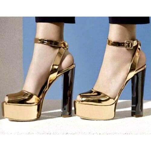 Womens Fashion Open Toe Gold High Platform Chunky Heel Pumps Mirror Patent Leather Ankle Strap High Heels Dress Shoes Plus Size