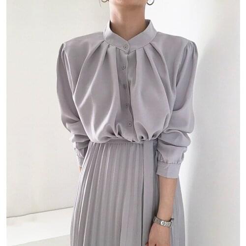 WHCW CGDSR 2020 autumn winter pleated dress women elegant korean style woman a-line dresses vintage party long sleeve patchwork