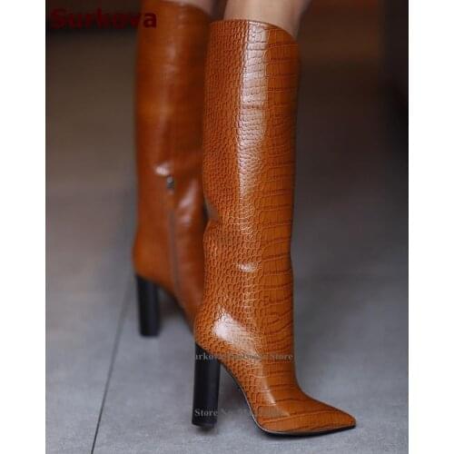 Surkova Sexy Chunky Heels Crocodile Pattern Knee Boots Brown Black Snakeskin Pointed Toe V-cut Tall Boots Size46 Dress Shoes