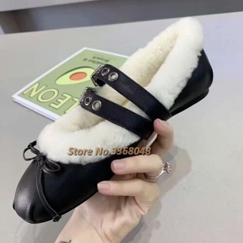 Furry Women Shoes Flat With Autumn Winter Warm Dress Cute Ladies Shoes Round Toe Buckle Decor Butterfly Knot Shoes
