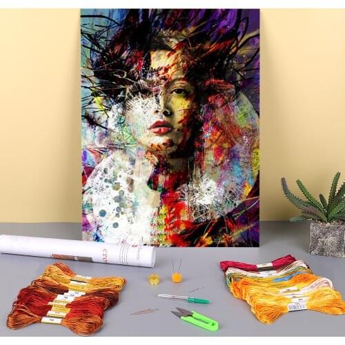 Woman Portrait Printed Water-Soluble Canvas 11CT Cross Stitch DIY Embroidery Patterns DMC Threads Painting Handiwork Magic