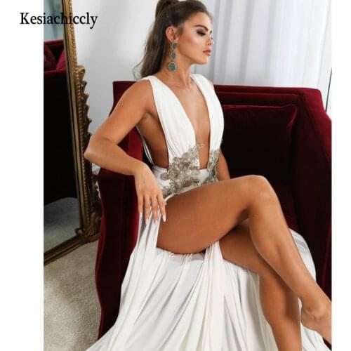 Kesiachiccly Elegant Summer Solid Backless Split Dress Women V-neck Cotton High Waist Dress Sleeveless Sexy Long Dresses Chic