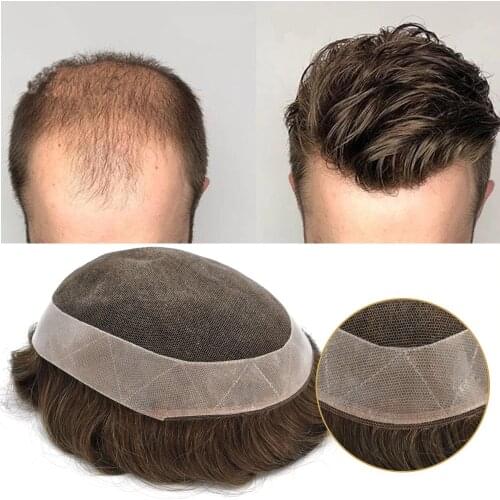 Mens Toupees 100%Human Hair Replacement System Breathable Lace Front Poly Around Hairpieces Transparent Lace Wigs 100%Hand Tied